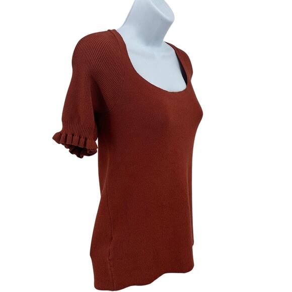Loft Blouse Top WMNS L Ribbed Knit Rust Orange Ruffled Short Sleeve Square Neck - Picture 2 of 6